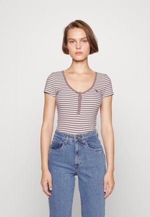 ICON HENLEY FALL STRIPE - Print T-shirt - tan/white