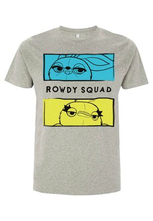 Grå bomulds t-shirt med en tegneseriekanin og fugl i blå og gule rammer med teksten "ROWDY SQUAD" centralt placeret nedenfor.