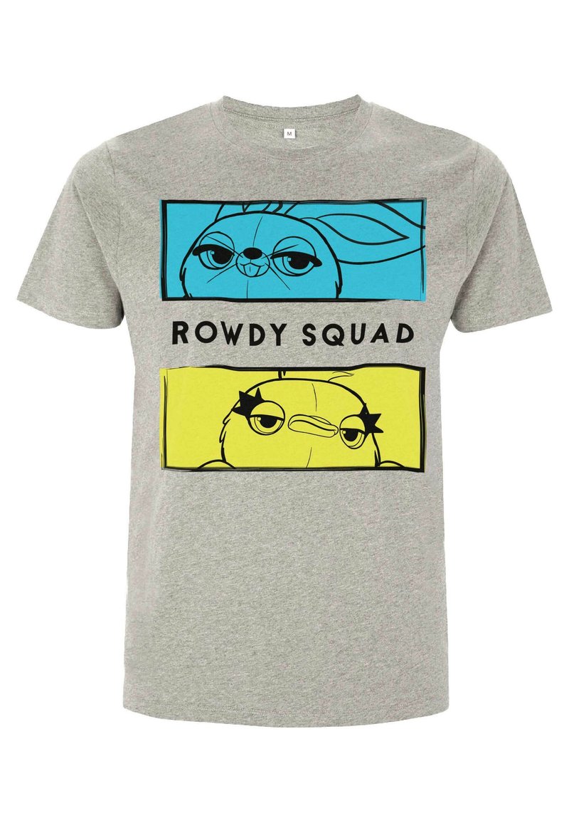Grå bomulds t-shirt med en tegneseriekanin og fugl i blå og gule rammer med teksten "ROWDY SQUAD" centralt placeret nedenfor.