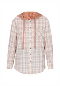 Geruite shirt in lichtroze en beige, met een capuchon, knopen aan de voorkant en een borstzak met diagonale patronen.