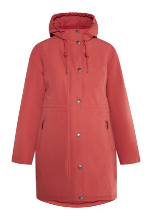 Röd huva parkas i mjukt tyg, med framdragkedja, tryckknappar, dragsko i huvan och sidofickor med dragkedja.