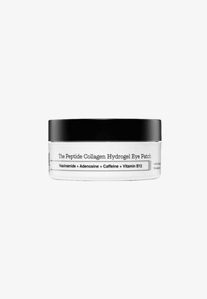 Peptide Collagen Hydrogel Eye Patch container with black lid, listing key ingredients Niacinamide, Adenosine, Caffeine, and Vitamin B12.