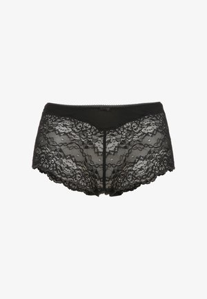Schwarze Spitzen-Boyshorts mit floralem Muster, gewellten Kanten und einem glatten Bund. Mit transparenter Spitzenüberlagerung auf einer soliden Basis gestaltet.