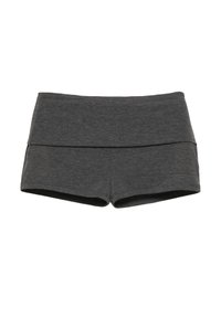 Grå atletiske shorts lavet af blødt, strækbart materiale. Har en bred talje og en tætsiddende design, med en glat overflade og uden synlige mønstre.
