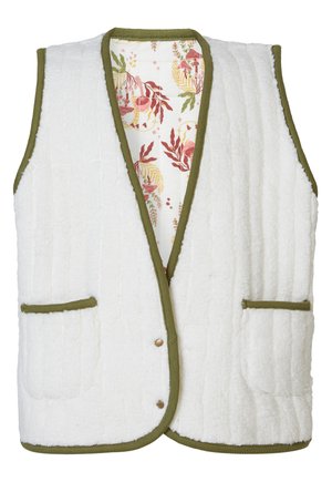 Weißer gesteppter Weste mit strukturierter Oberflächen, grünen Akzenten und zwei Fronttaschen. Das Innenfutter weist ein florales Muster in Rot und Gelb auf.