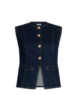 Gilet in denim scuro senza maniche con quattro bottoni decorativi dorati sul davanti e due tasche orizzontali a fessura su entrambi i lati.