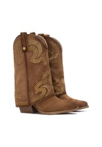 Stivali da cowboy in suede marrone con motivi a spirale in oro, punte affusolate e tacco basso. Presentano linguette per una facile calzata.