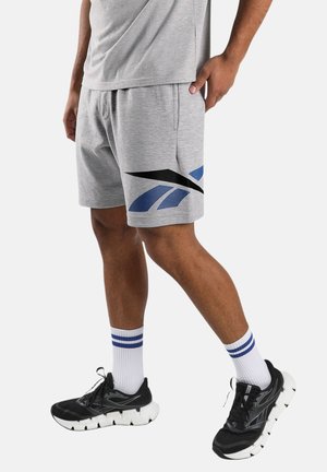 Uomo che cammina indossando pantaloncini grigi con logo nero e blu, maglietta grigia coordinata, calzini bianchi con strisce blu e scarpe da ginnastica nere.