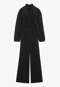 Black jumpsuit with a high neck and long puff sleeves. Sheer upper section with gathered detailing; wide-leg design in matte fabric.