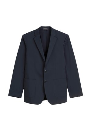 Marineblauwe blazer van gladde stof, met een notched kraag, twee knopen en twee voorzakken. Eenvoudig en op maat gemaakt ontwerp.