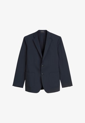 Navy blue blazer made of smooth fabric, featuring a notched collar, two buttons, and two front pockets. Simple and tailored design.