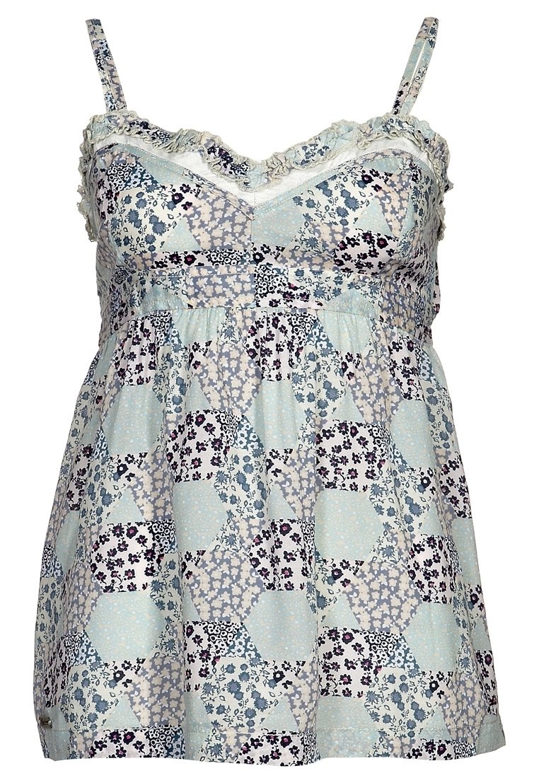 Ljusblå blommig mönstrad kamisol med spagettistroppar, med volangkant och draperad midja. Bomullstyg med varierande blommönster.