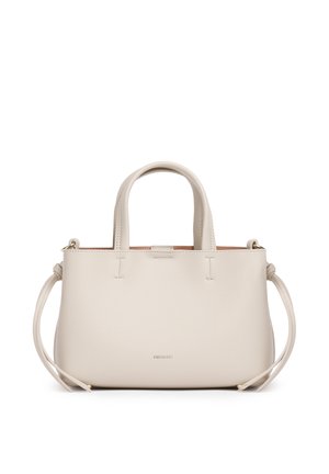 Borsa a mano in pelle color crema con due manici superiori, lacci laterali e un logo del marchio discreto al centro della parte frontale.