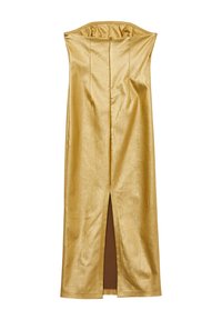 Robe dorée métallisée sans manches avec un corsage ajusté, une silhouette fluide et une fente centrale au dos s'étendant jusqu'à mi-cuisse.