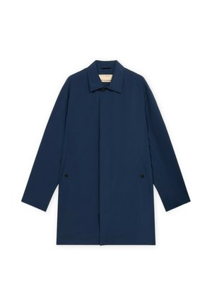 Marineblauer einreihiger Mantel mit spitzem Kragen, langen Ärmeln und zwei vorderen Taschen mit schwarzen Knopfverschlüssen.