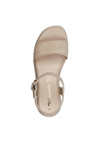 Beige sandal with a suede finish and two wide straps. Features an ankle strap with a buckle. Flat sole with minimal detailing. Size 37.