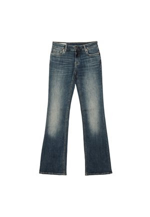 Jeans in denim blu a palazzo con lavaggio sbiadito, dotati di chiusura con bottone, design a cinque tasche e orlo cucito, che mostrano una vestibilità rilassata.