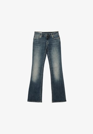 Schwarzblaue Jeans mit ausgestelltem Bein und einem ausgewaschenen Look, ausgestattet mit einem Knopfverschluss, fünf Taschen und einem gestickten Saum, die eine lockere Passform bieten.