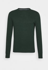 Ciemnozielony sweter z dzianiny z długimi rękawami, okrągłym dekoltem oraz prążkowanymi mankietami i dołem. Gładka tekstura, klasyczny design i brak widocznych wzorów.