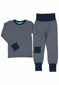 Marinblå och vit randig långärmad topp i bomull med rundad halsringning och matchande byxor med elastisk midja och ribbade muddar.