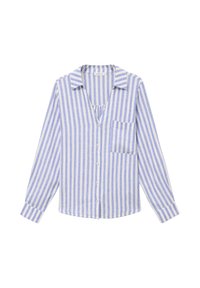 Camisa de manga larga con botones, a rayas verticales azules y blancas, cuello doblado, bolsillo en el pecho y mangas con puños.