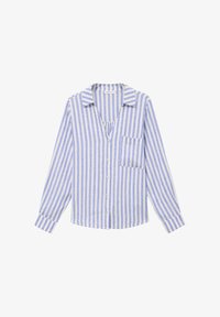 Camisa de manga larga con botones, a rayas verticales azules y blancas, cuello doblado, bolsillo en el pecho y mangas con puños.