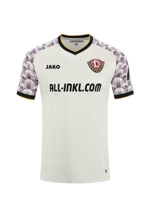 Weißes Fußballtrikot mit grau geometrisch gemusterten Ärmeln, schwarzem und gelbem Kragenabschluss, Dresden Teamwappen und all-inkl.com Sponsorlogo.