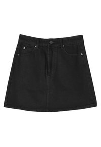 Black denim skirt with a high waist, five pockets, and a front button closure. Features a classic a-line shape and minimal stitching.