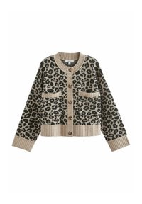Leopardenmuster-Cardigan in Beige und Schwarz, mit geripptem Saum, zwei frontalen Taschen und Rundhalsausschnitt mit Knopfverschluss.