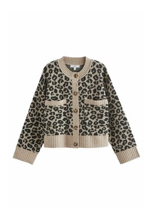 Beige en zwarte luipaardprint cardigan met een geribbelde zoom, twee frontzakken en een ronde halslijn met knoopsluiting.