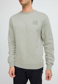 Sudadera gris claro hecha de mezcla de algodón, con cuello redondo, puños acanalados y un pequeño estampado negro en el pecho.
