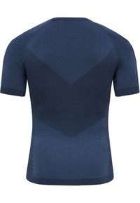 Marinblå kortärmad träningsskjorta med texturerat chevronmönster på baksidan och ribbade kantningar på ärmar och nederkant.