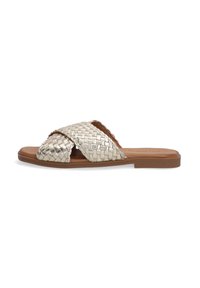 Woven metallic silver slide sandal with crossed straps, brown sole, flat design, and smooth texture. No heel; casual style.