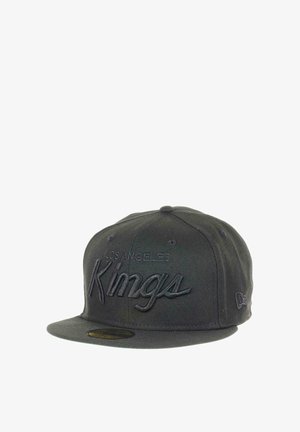 Schwarze Snapback-Kappe mit flachem Schirm, mit gesticktem Text "LOS ANGELES Kings" in passender Farbe. Hergestellt aus strukturiertem Stoff mit rundem Kopfteil.