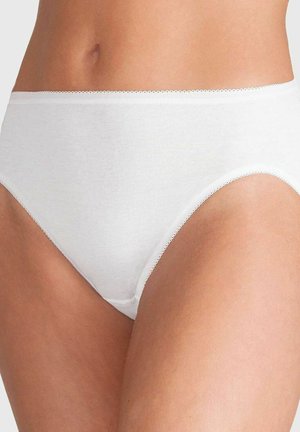 White cotton brief with a smooth texture, wide waistband, and decorative stitching along the edges. Classic full coverage design.