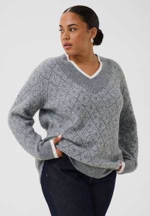 Kaffe Curve, KCSIGNA V-NECK - Pullover - grey mel chalk argyle