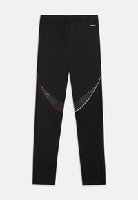 Melnas sporta legingi ar elastīgu jostasvietu, kam ir izliekti sarkanie un baljie akcenti un atstarojoša paneļa sānos.