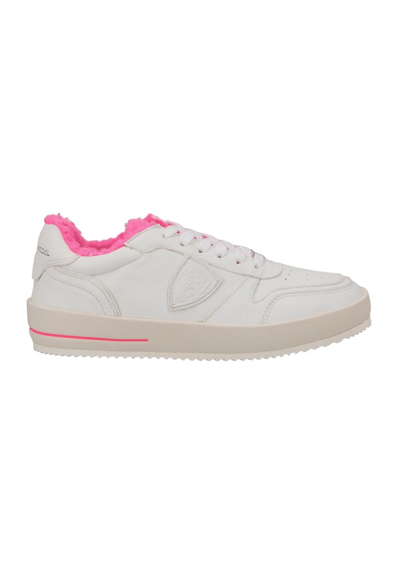 White sneaker with pink faux fur lining, flat cream sole, and pink accent stripe. Features perforated detailing and six eyelets for laces.