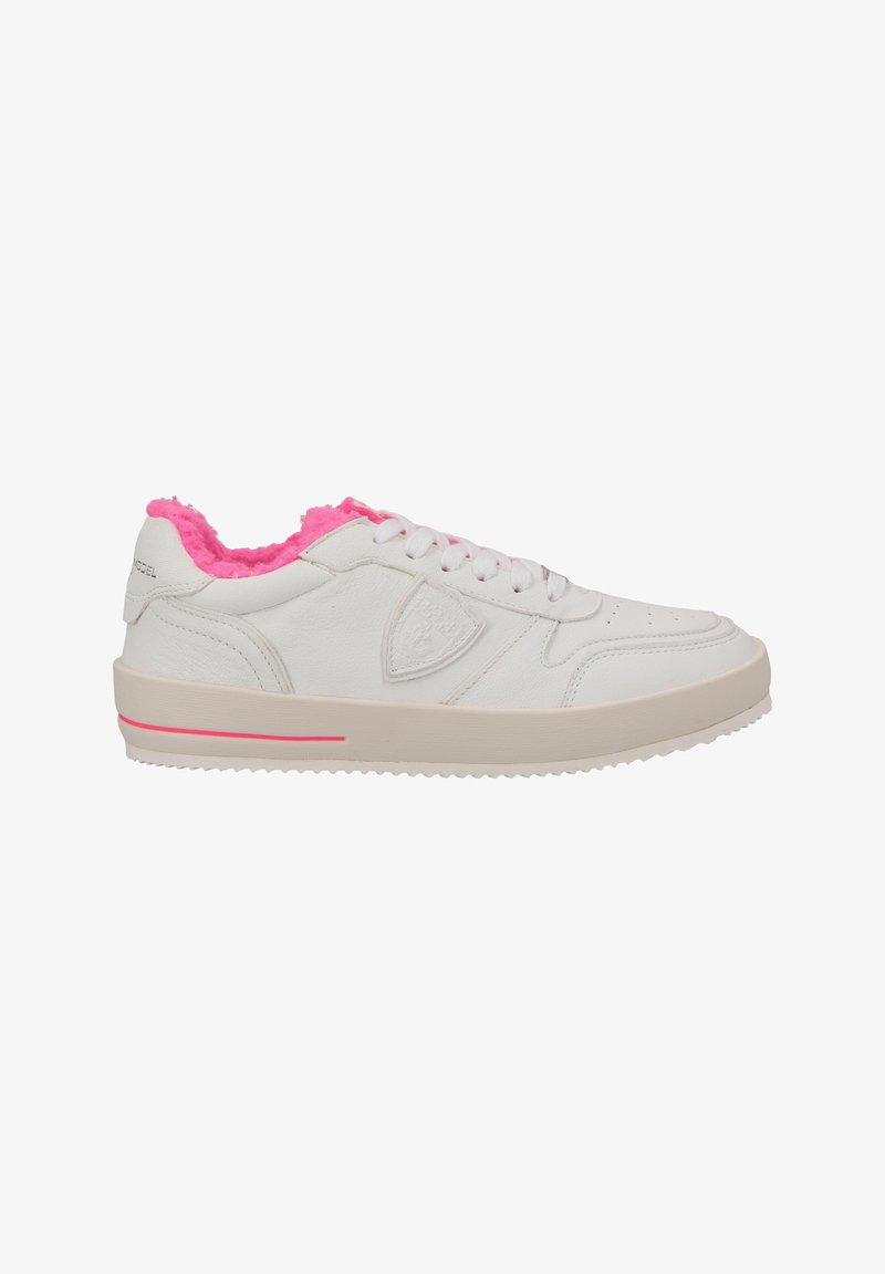 White sneaker with pink faux fur lining, flat cream sole, and pink accent stripe. Features perforated detailing and six eyelets for laces.