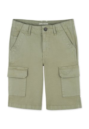 Pantaloni cargo color khaki con due tasche laterali, due grandi tasche cargo e dettagli ricamati. Realizzati in tessuto di cotone leggero.