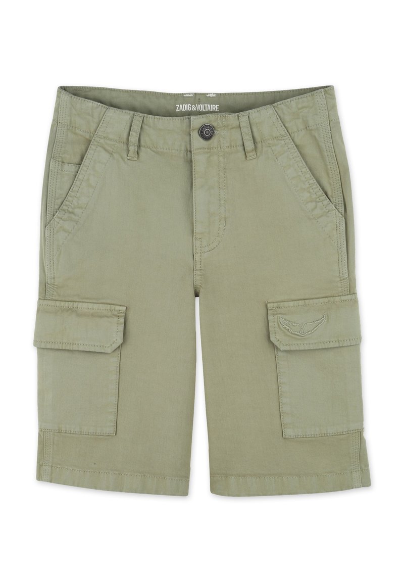 Pantaloni cargo color khaki con due tasche laterali, due grandi tasche cargo e dettagli ricamati. Realizzati in tessuto di cotone leggero.