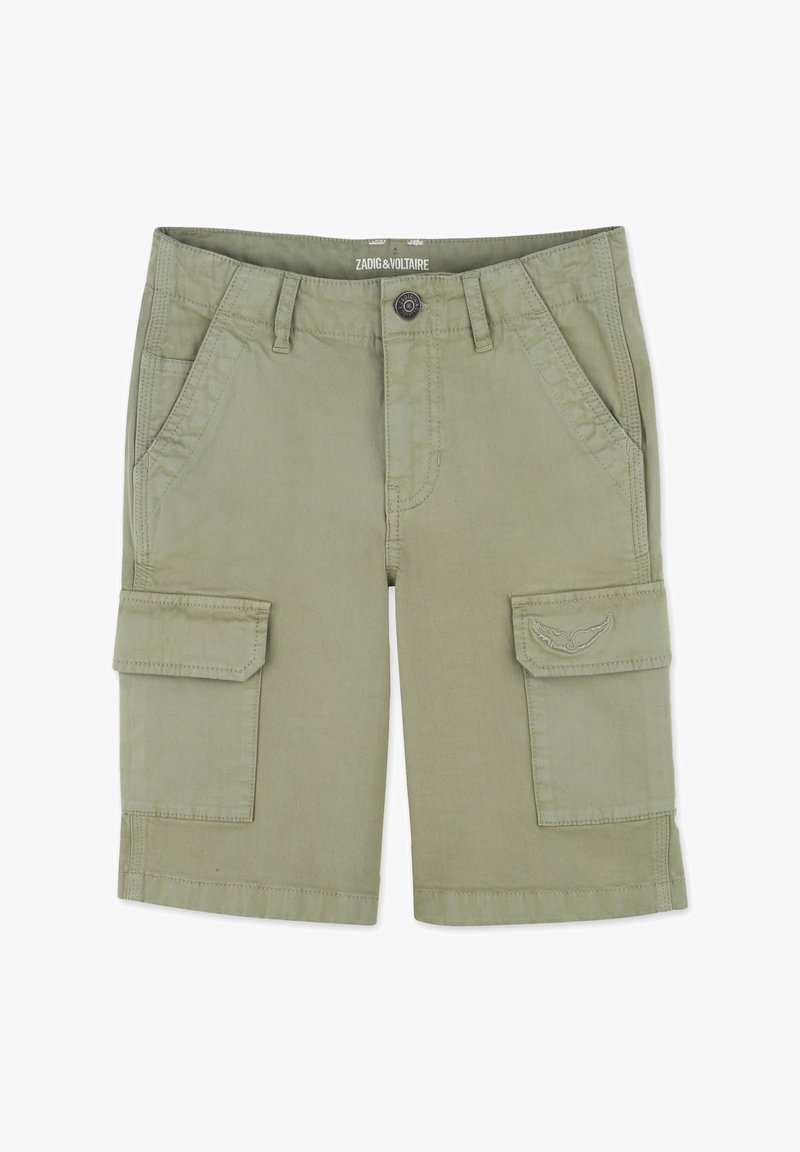 Shorts cargo en kaki avec deux poches latérales, deux grandes poches cargo et des détails brodés. Fabriqués en tissu coton léger.