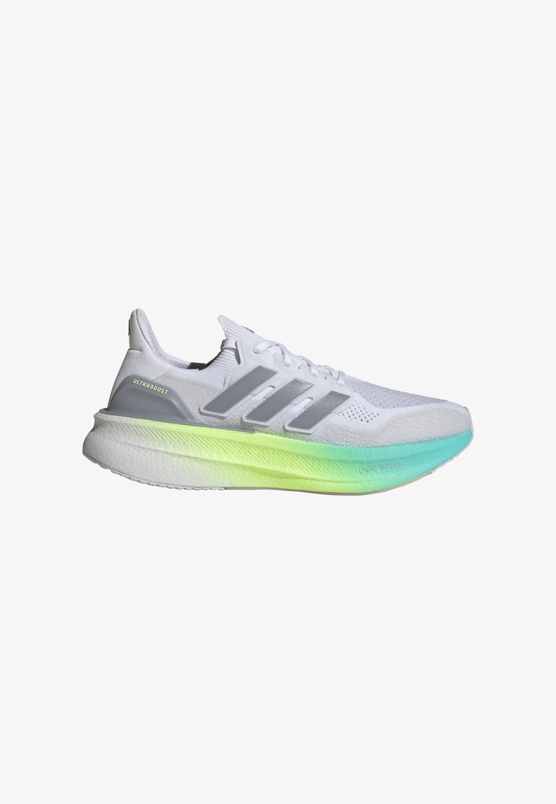 White athletic shoe with a mesh upper, featuring three gray stripes. Sole transitions from white to light green to aqua, with textured accents.