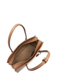 Sac à main en cuir marron avec deux poignées, un compartiment central zippé et un intérieur ouvert, vu de dessus sur un fond blanc.