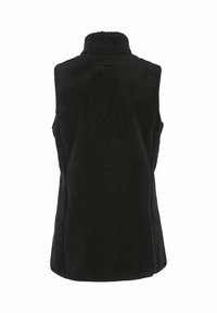 Schwarze Fleece-Weste mit hohem Kragen, ärmellosem Design und weicher Textur. Verfügt über ein Detail mit Rückennaht und abgerundetem Saum.