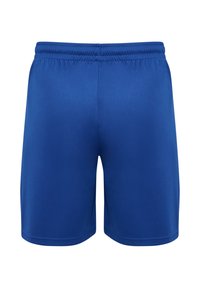 Blå sportshorts i ett slätt material, med elastisk midja och en enkel, odetaljerad design utan synliga mönster.