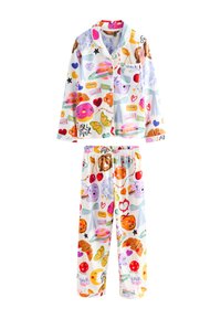 Ensemble de pyjama coloré comprenant un haut à boutons et un pantalon à taille élastique. Fabriqué en tissu léger avec des motifs ludiques de nourriture et de papillons.