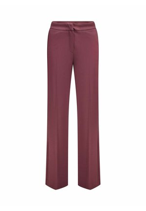 Pantaloni larghi bordeaux con una superficie liscia, dotati di una vita piatta e due tasche anteriori per la praticità. Design sartoriale per una vestibilità comoda.