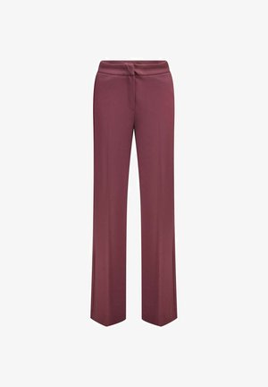 Bordeaux wijde broek met een gladde textuur, voorzien van een platte tailleband en twee voorkruiszakken voor praktische doeleinden. Op maat gemaakt ontwerp voor een relaxte pasvorm.