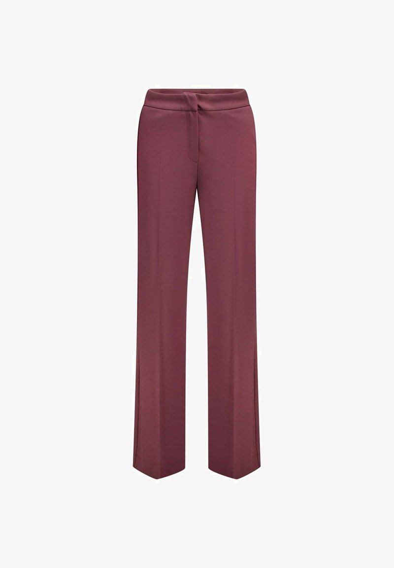 Pantalon droit taille haute pour femme en bordeaux doux avec fermeture frontale invisible et fentes latérales à l'ourlet.